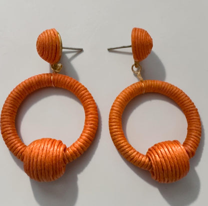 Orange Woven Rope Hoop Drop Earrings – Boho Statement Jewellery