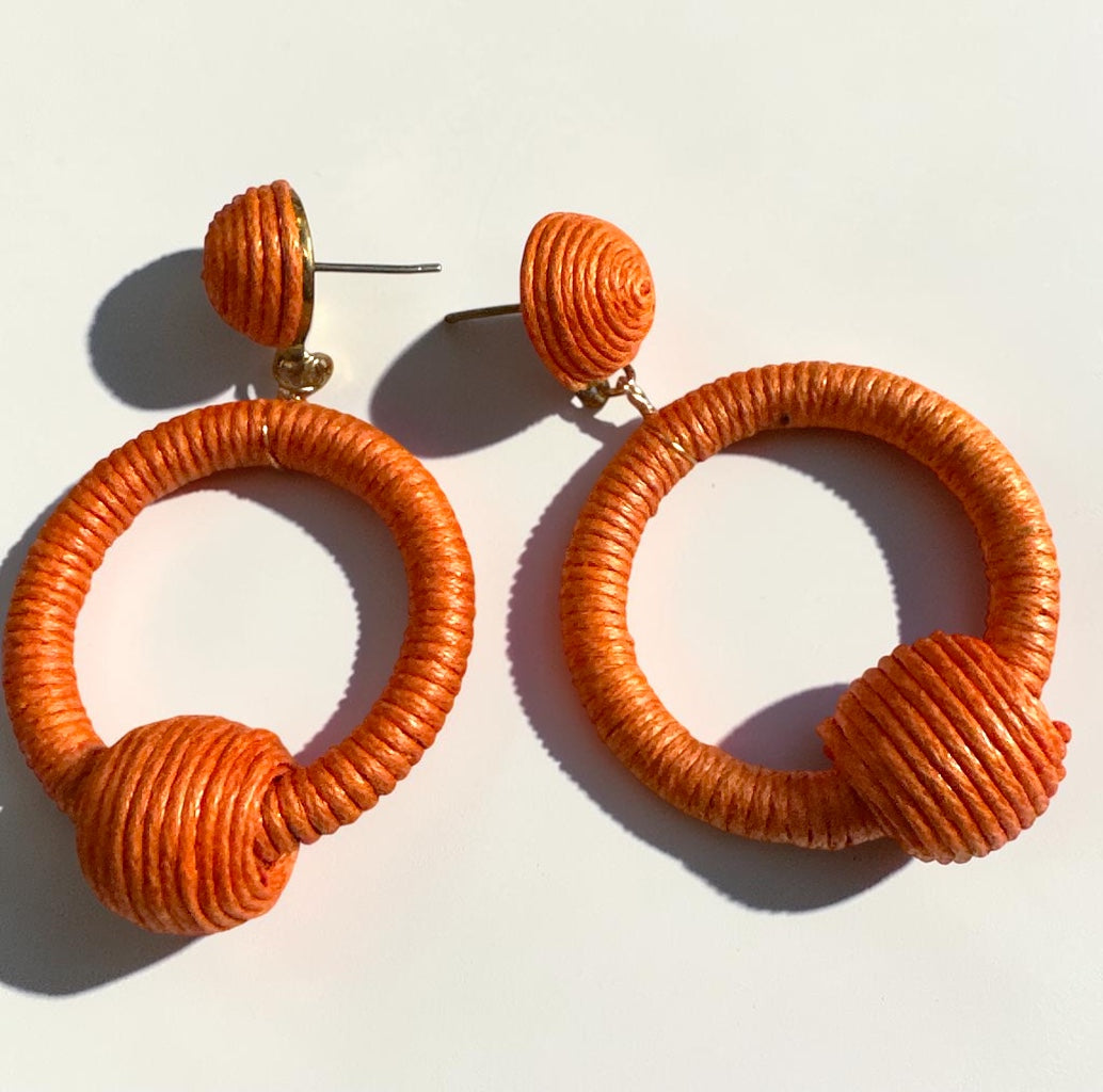 Orange Woven Rope Hoop Drop Earrings – Boho Statement Jewellery