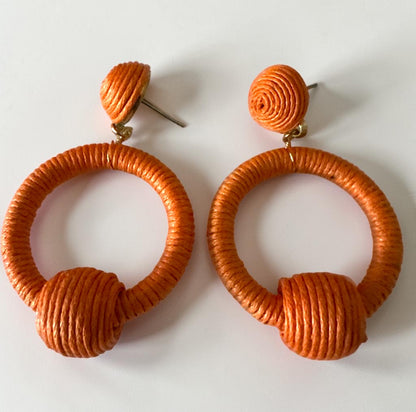 Orange Woven Rope Hoop Drop Earrings – Boho Statement Jewellery