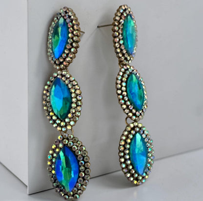 Long Blue Crystal Statement Drop Earrings
