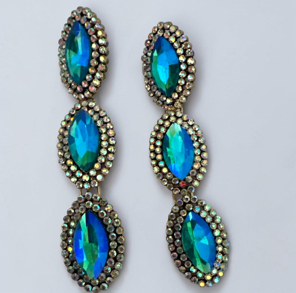 Long Blue Crystal Statement Drop Earrings