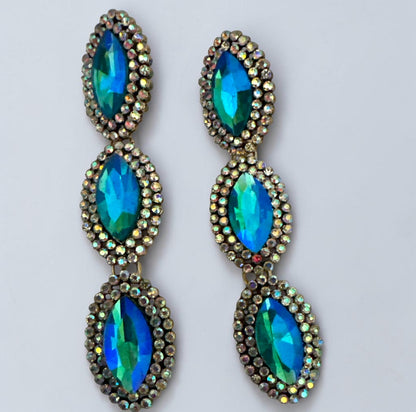 Long Blue Crystal Statement Drop Earrings