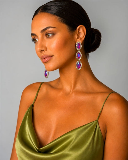 Long Pink Crystal Statement Drop Earrings