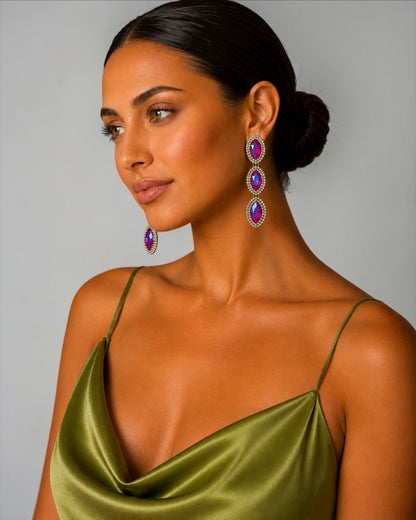 Long Pink Crystal Statement Drop Earrings