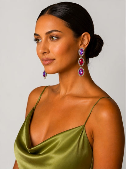 Long Pink Crystal Statement Drop Earrings