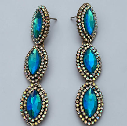 Long Blue Crystal Statement Drop Earrings