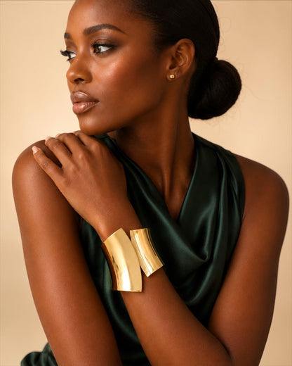 Sculpted Wide Cuff Bracelet – Hinged Gold or Silver Statement Bangle