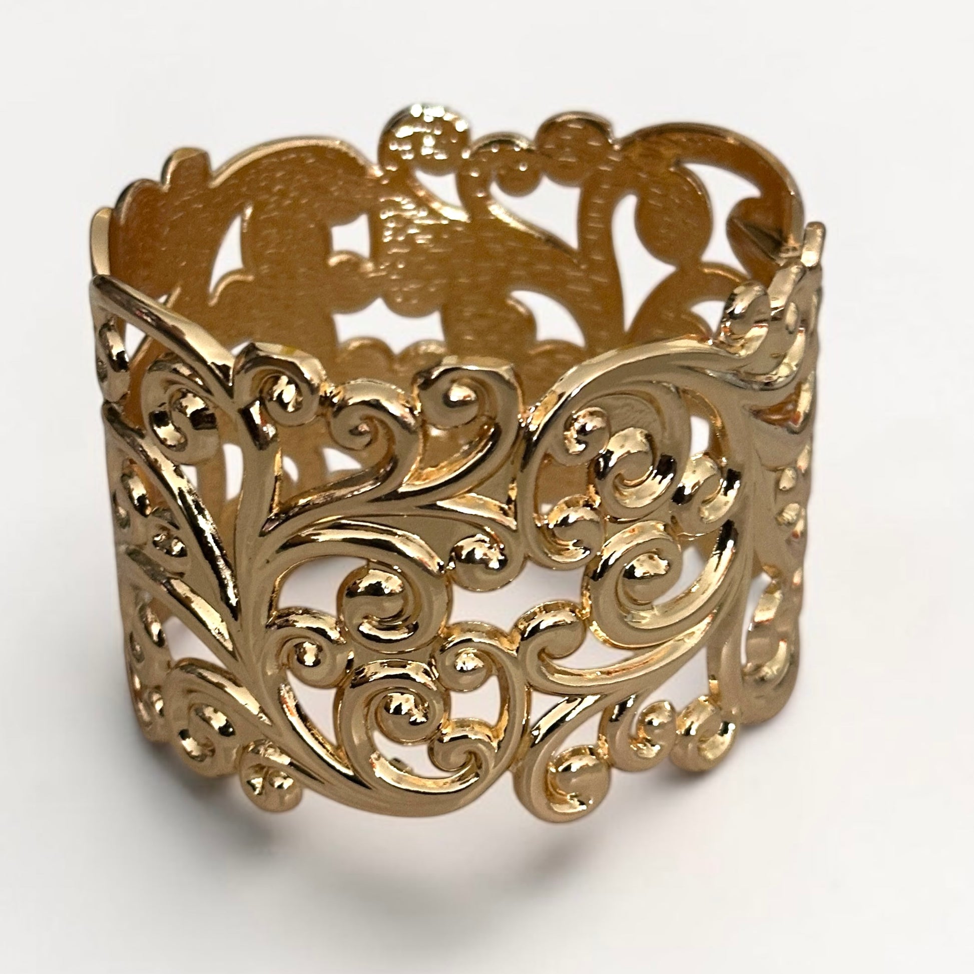 Elegant Filigree Wide Cuff Bracelet – Gold, Silver & Black