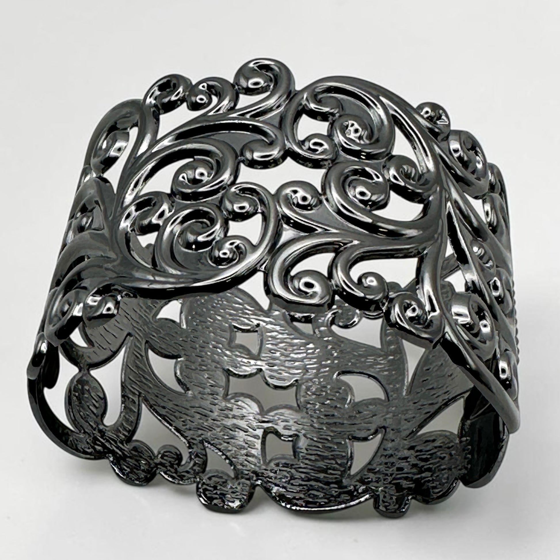 Elegant Filigree Wide Cuff Bracelet – Gold, Silver & Black