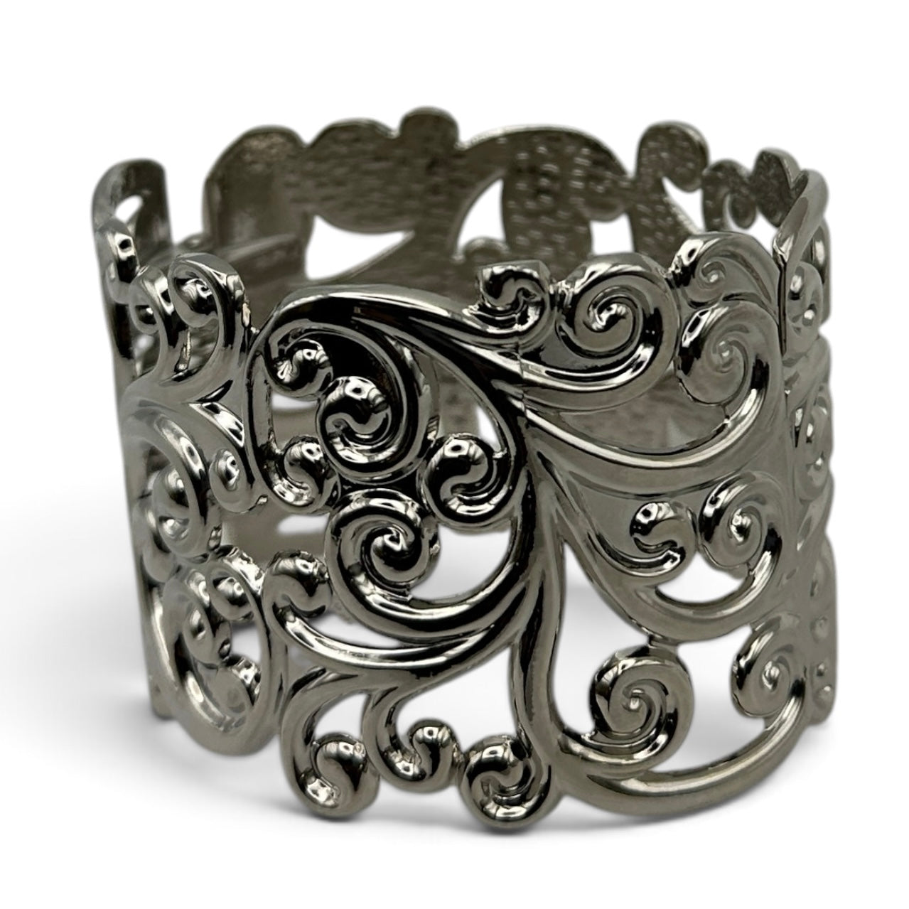 Elegant Filigree Wide Cuff Bracelet – Gold, Silver & Black