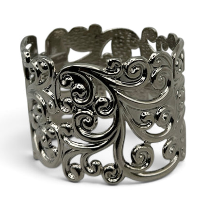 Elegant Filigree Wide Cuff Bracelet – Gold, Silver & Black
