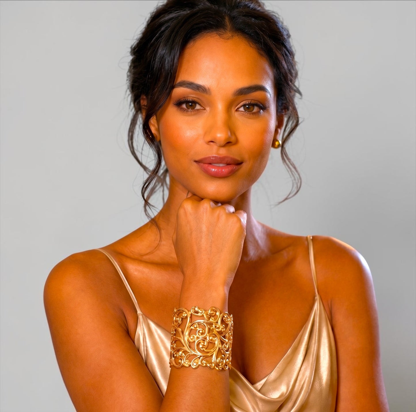 Elegant Filigree Wide Cuff Bracelet – Gold, Silver & Black Fatisha Boutique