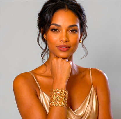 Elegant Filigree Wide Cuff Bracelet – Gold, Silver & Black