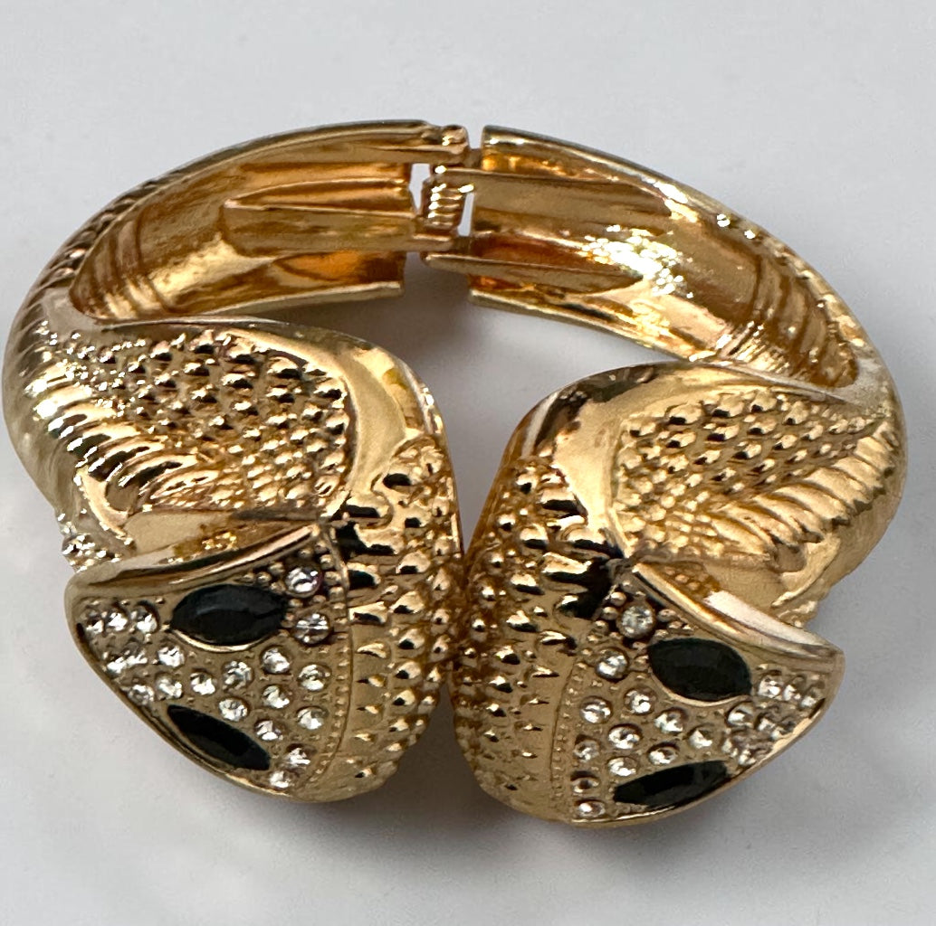 Rhinestone Snake Bracelet – Gold & Silver Hinged Serpent Cuff