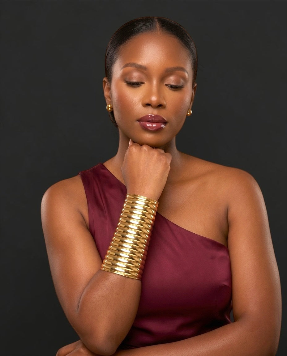 Ribbed Coil Brass Cuff – Afrocentric Wide Statement Bangle Fatisha Boutique
