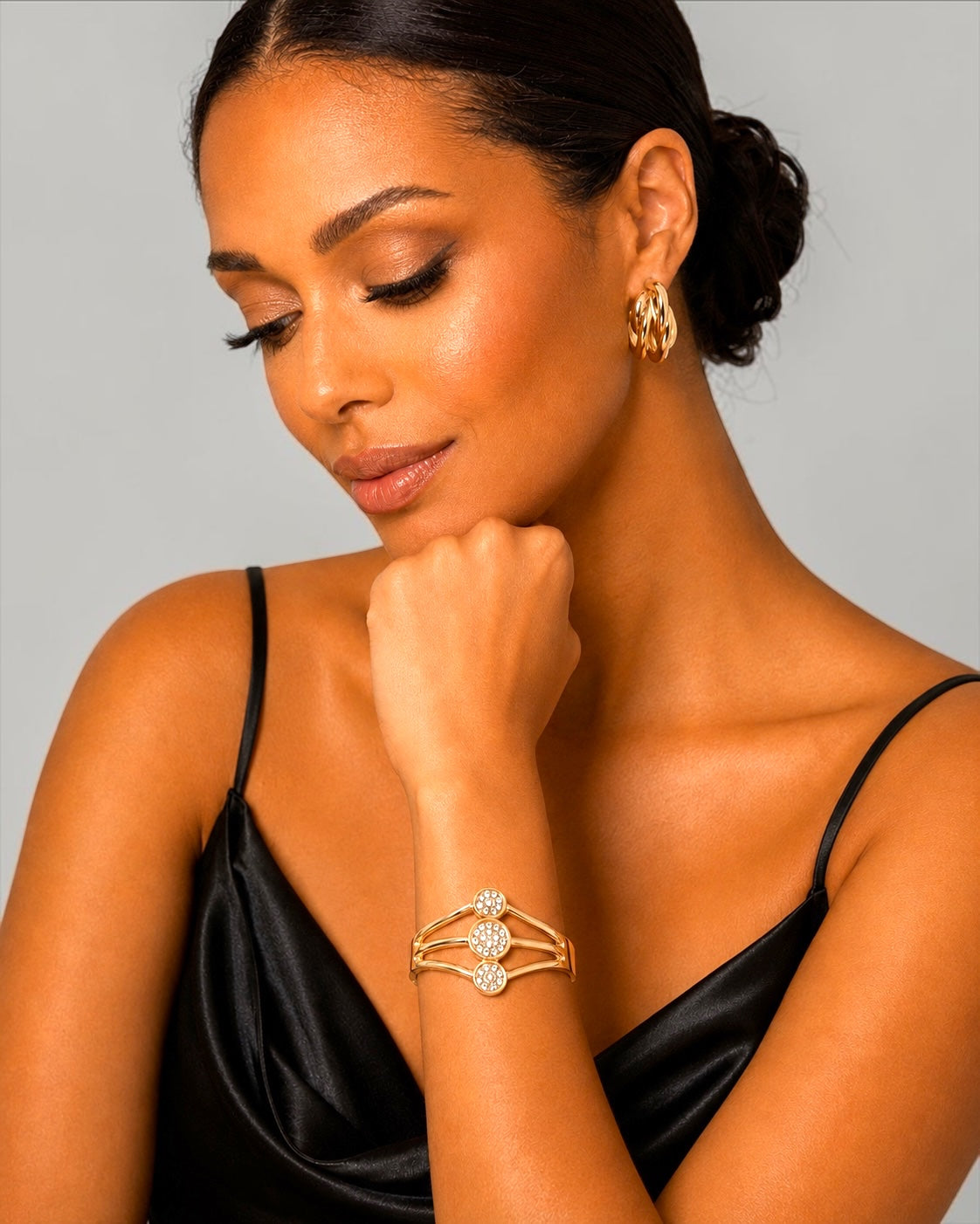 Rose Gold Rhinestone Triple Circle Hinged Cuff Bracelet Fatisha Boutique