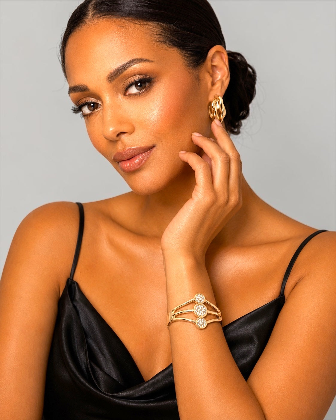Rose Gold Rhinestone Triple Circle Hinged Cuff Bracelet Fatisha Boutique
