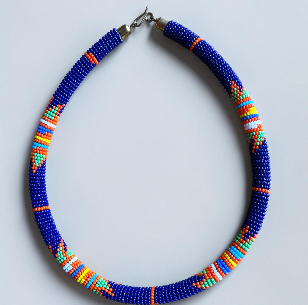 Handmade Navy Maasai Beaded Necklace | African Jewellery Fatisha Boutique