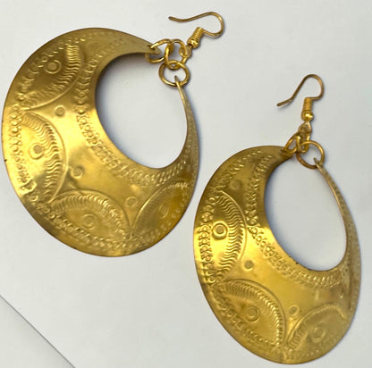 Engraved Gold Brass Hoop Drop Earrings — Statement Boho Jewellery - Fatisha Boutique