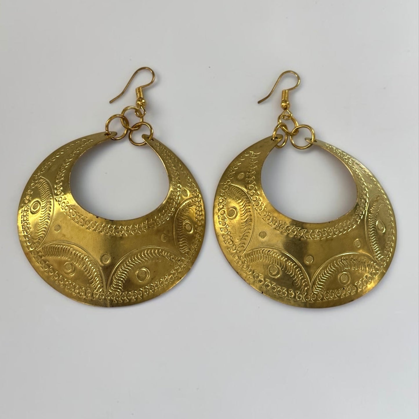 Engraved Gold Brass Hoop Drop Earrings — Statement Boho Jewellery - Fatisha Boutique Fatisha Boutique