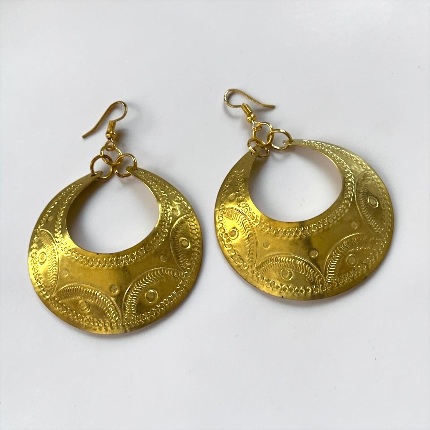 Engraved Gold Brass Hoop Drop Earrings — Statement Boho Jewellery - Fatisha Boutique Fatisha Boutique