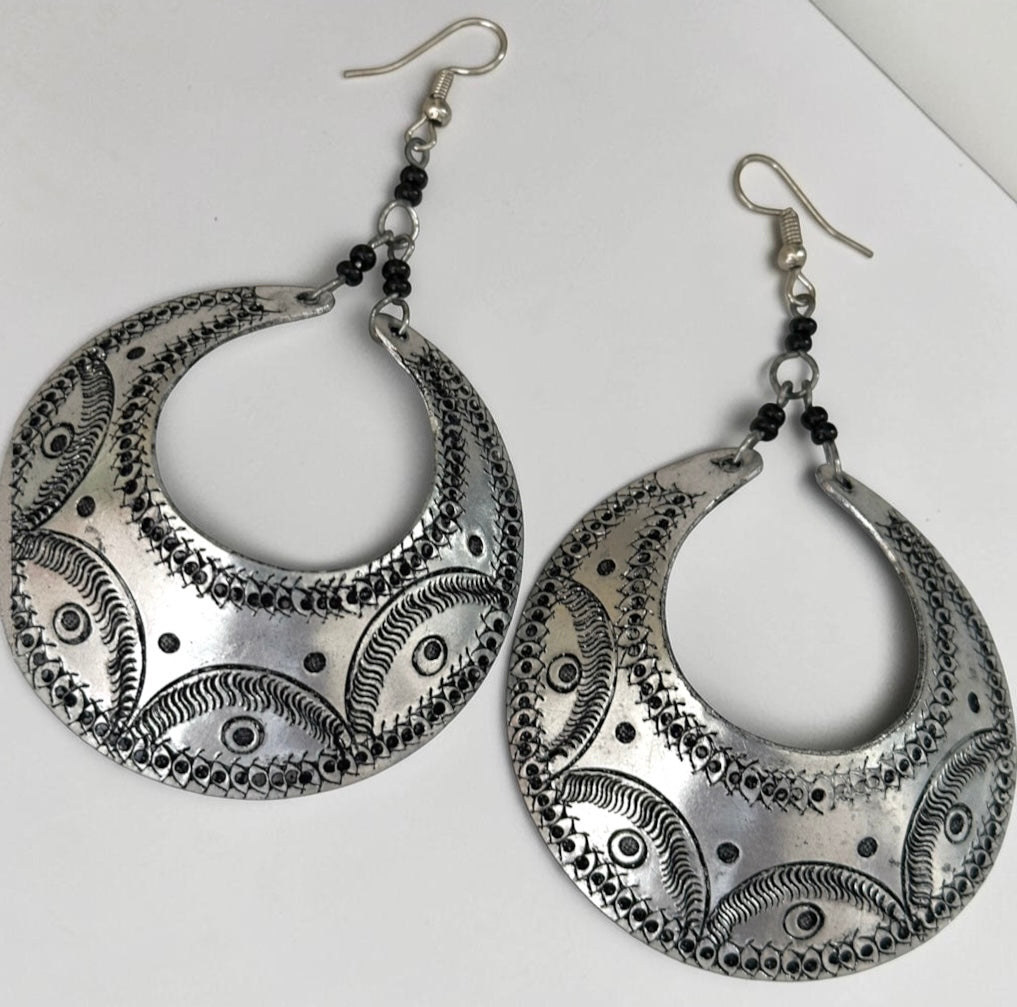 Engraved Silver Crescent Dangle Earrings – Handmade Afrocentric Aluminium Jewellery - Fatisha Boutique