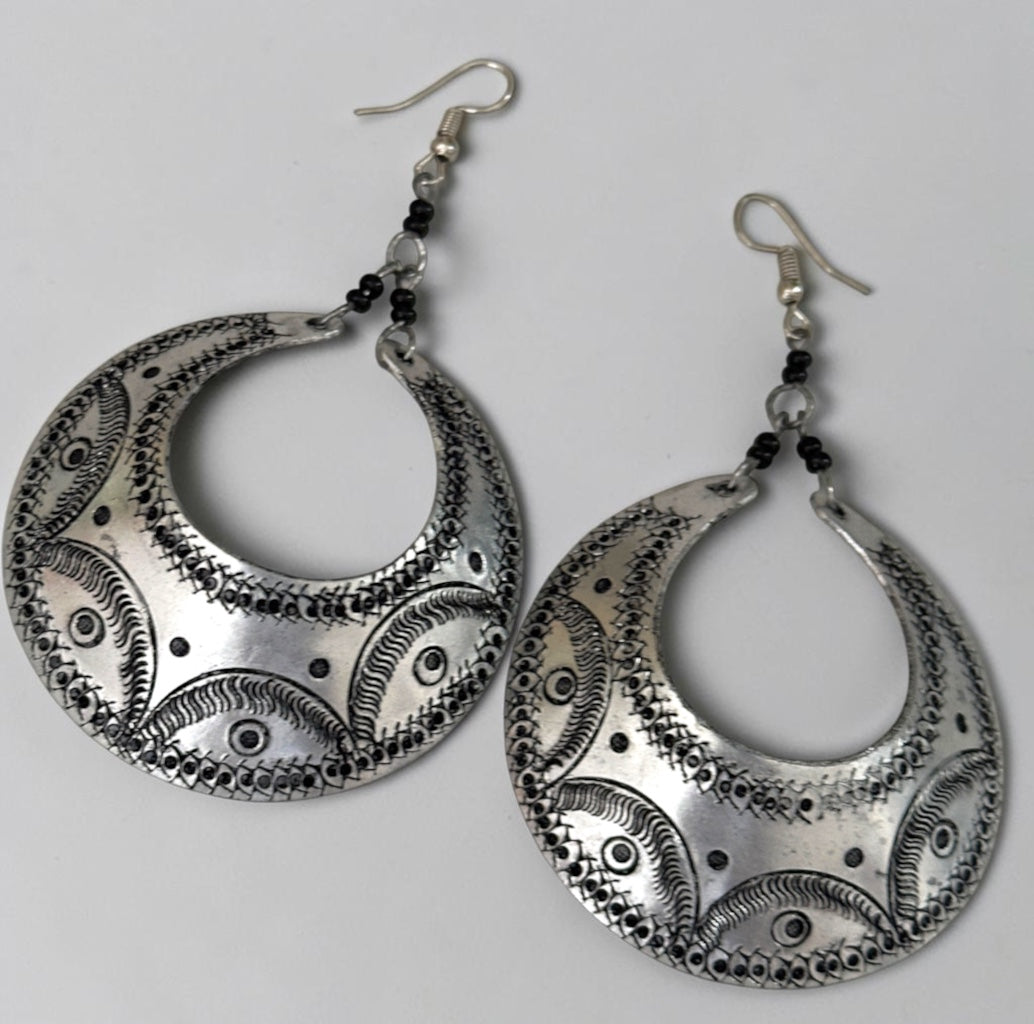 Engraved Silver Crescent Dangle Earrings – Handmade Afrocentric Aluminium Jewellery - Fatisha Boutique Fatisha Boutique