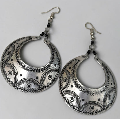 Engraved Silver Crescent Dangle Earrings – Handmade Afrocentric Aluminium Jewellery - Fatisha Boutique