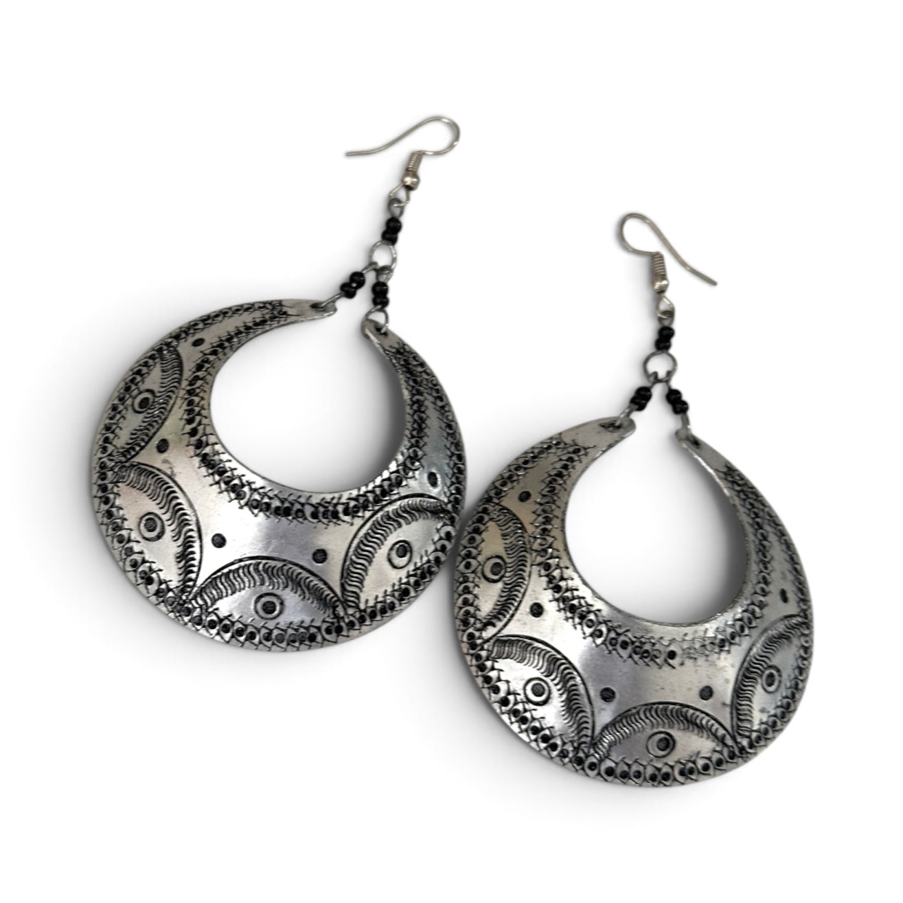Engraved Silver Crescent Dangle Earrings – Handmade Afrocentric Aluminium Jewellery - Fatisha Boutique Fatisha Boutique