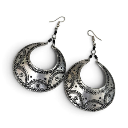 Engraved Silver Crescent Dangle Earrings – Handmade Afrocentric Aluminium Jewellery - Fatisha Boutique
