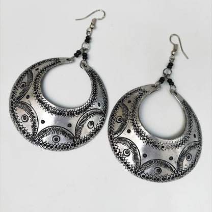 Engraved Silver Crescent Dangle Earrings – Handmade Afrocentric Aluminium Jewellery - Fatisha Boutique