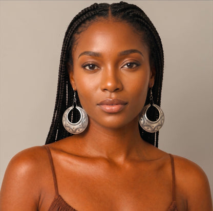 Engraved Silver Crescent Dangle Earrings – Handmade Afrocentric Aluminium Jewellery - Fatisha Boutique
