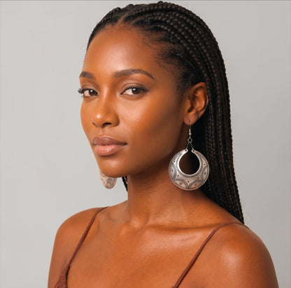 Engraved Silver Crescent Dangle Earrings – Handmade Afrocentric Aluminium Jewellery - Fatisha Boutique