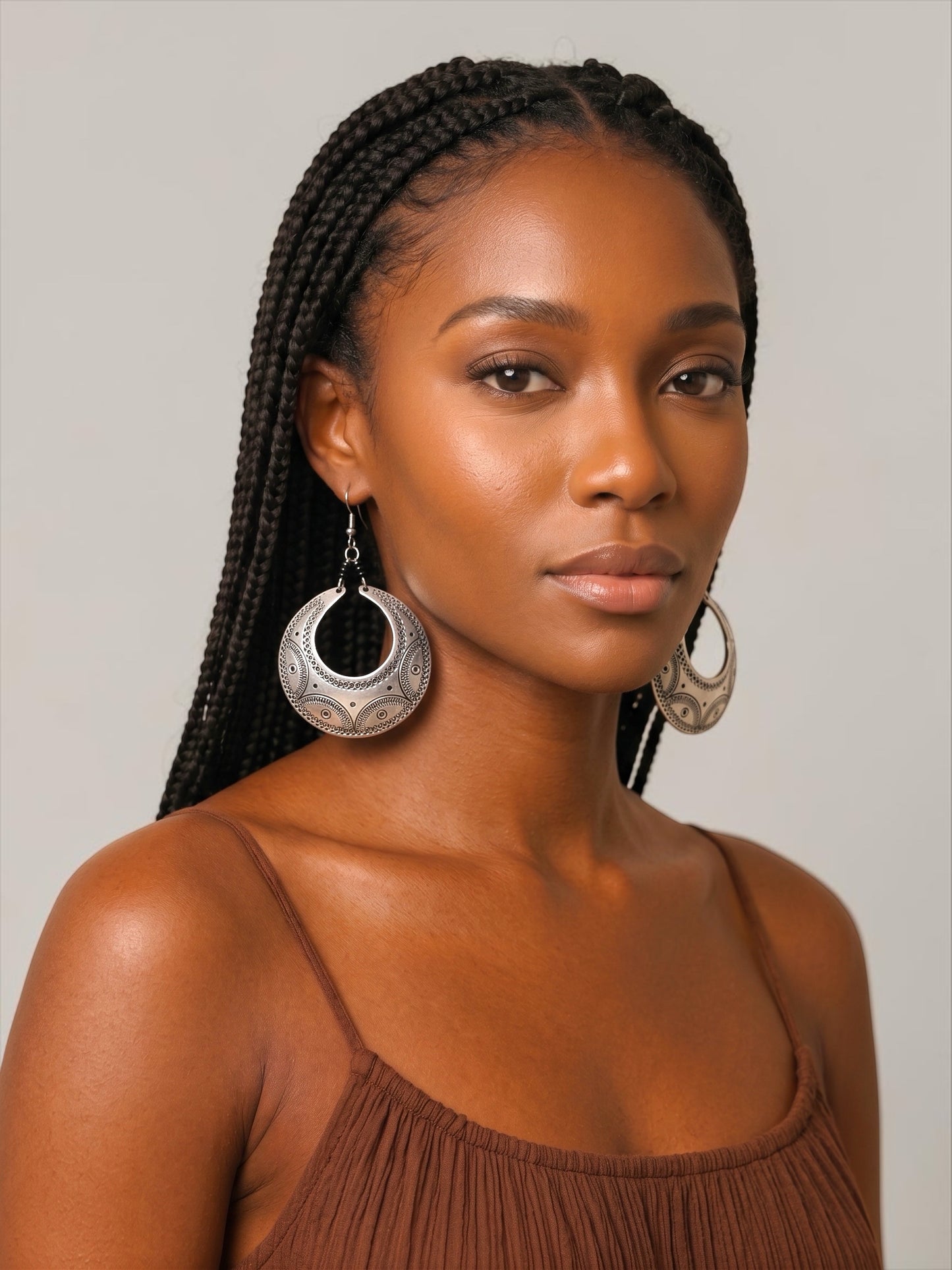 Engraved Silver Crescent Dangle Earrings – Handmade Afrocentric Aluminium Jewellery - Fatisha Boutique Fatisha Boutique