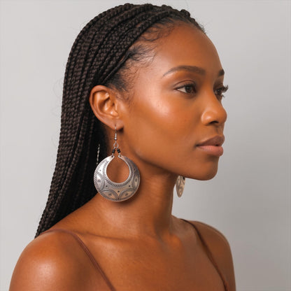 Engraved Silver Crescent Dangle Earrings – Handmade Afrocentric Aluminium Jewellery - Fatisha Boutique