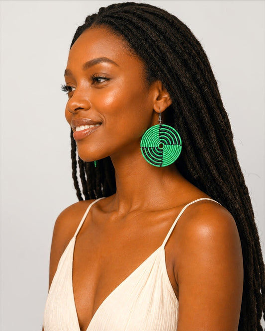 Beaded Spiral Disc Earrings – Handmade Afrocentric Statement Jewellery