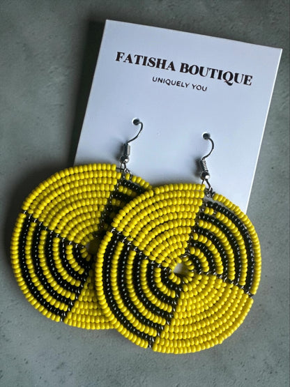 Beaded Spiral Disc Earrings – Handmade Afrocentric Statement Jewellery