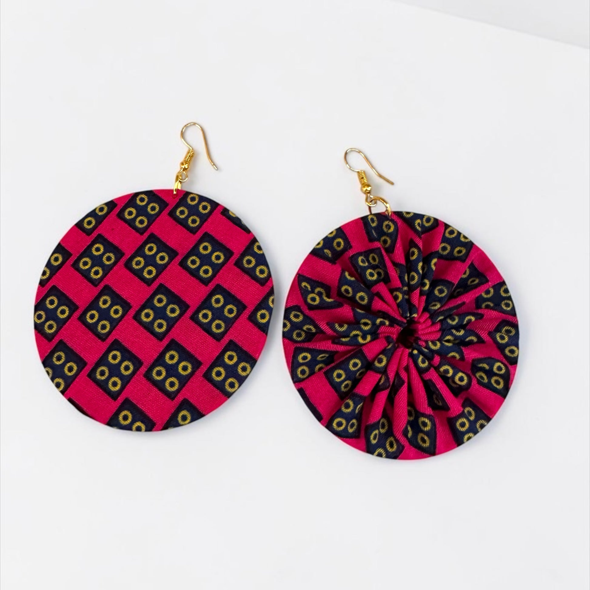 Pink Ankara Fabric Round Disc Dangle Earrings – Handmade Afrocentric Statement