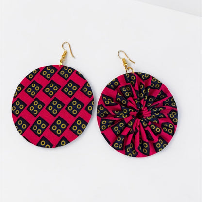 Pink Ankara Fabric Round Disc Dangle Earrings – Handmade Afrocentric Statement