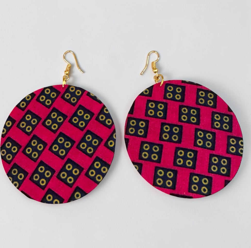 Pink Ankara Fabric Round Disc Dangle Earrings – Handmade Afrocentric Statement