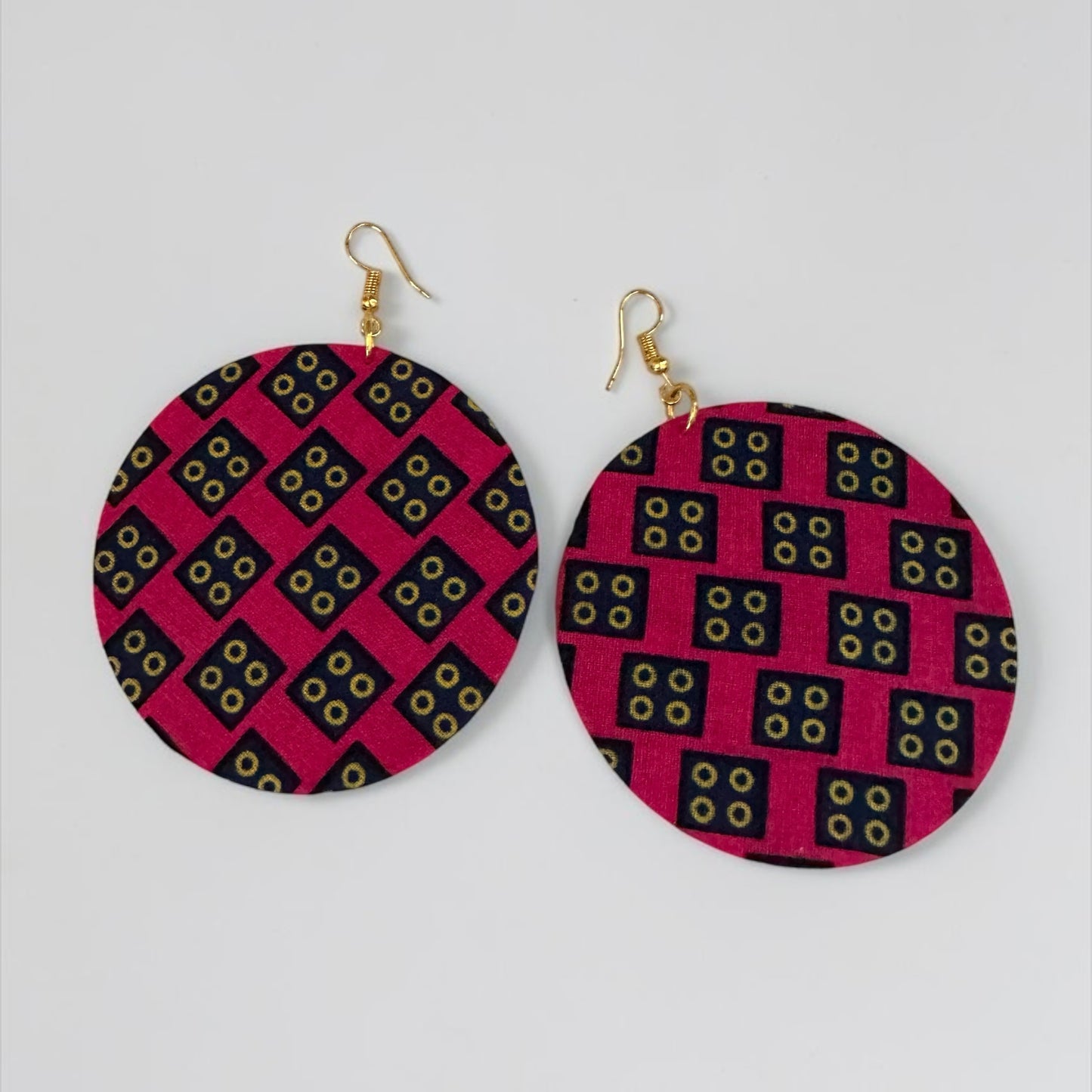 Pink Ankara Fabric Round Disc Dangle Earrings – Handmade Afrocentric Statement Fatisha Boutique
