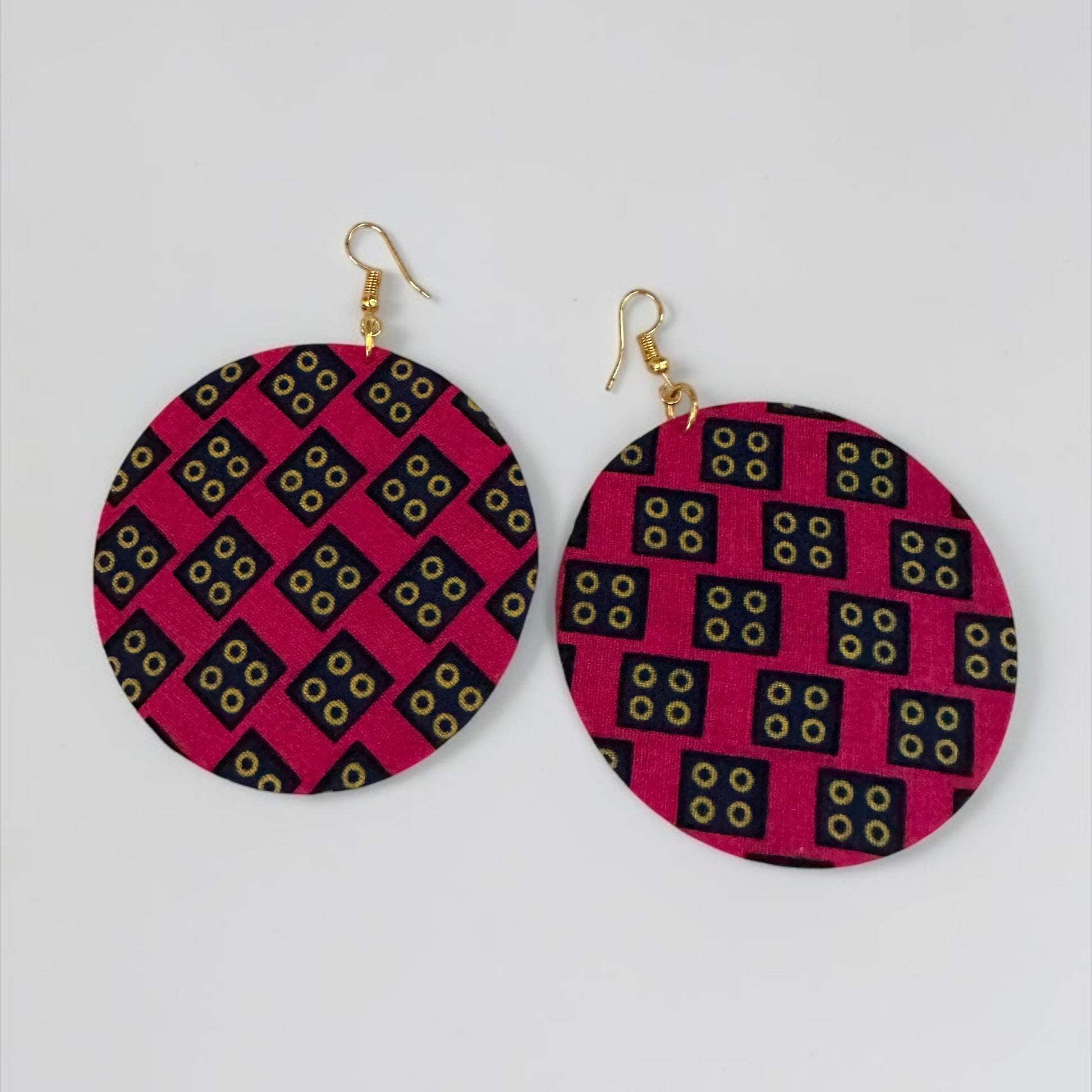 Pink Ankara Fabric Round Disc Dangle Earrings – Handmade Afrocentric Statement