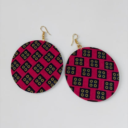 Pink Ankara Fabric Round Disc Dangle Earrings – Handmade Afrocentric Statement