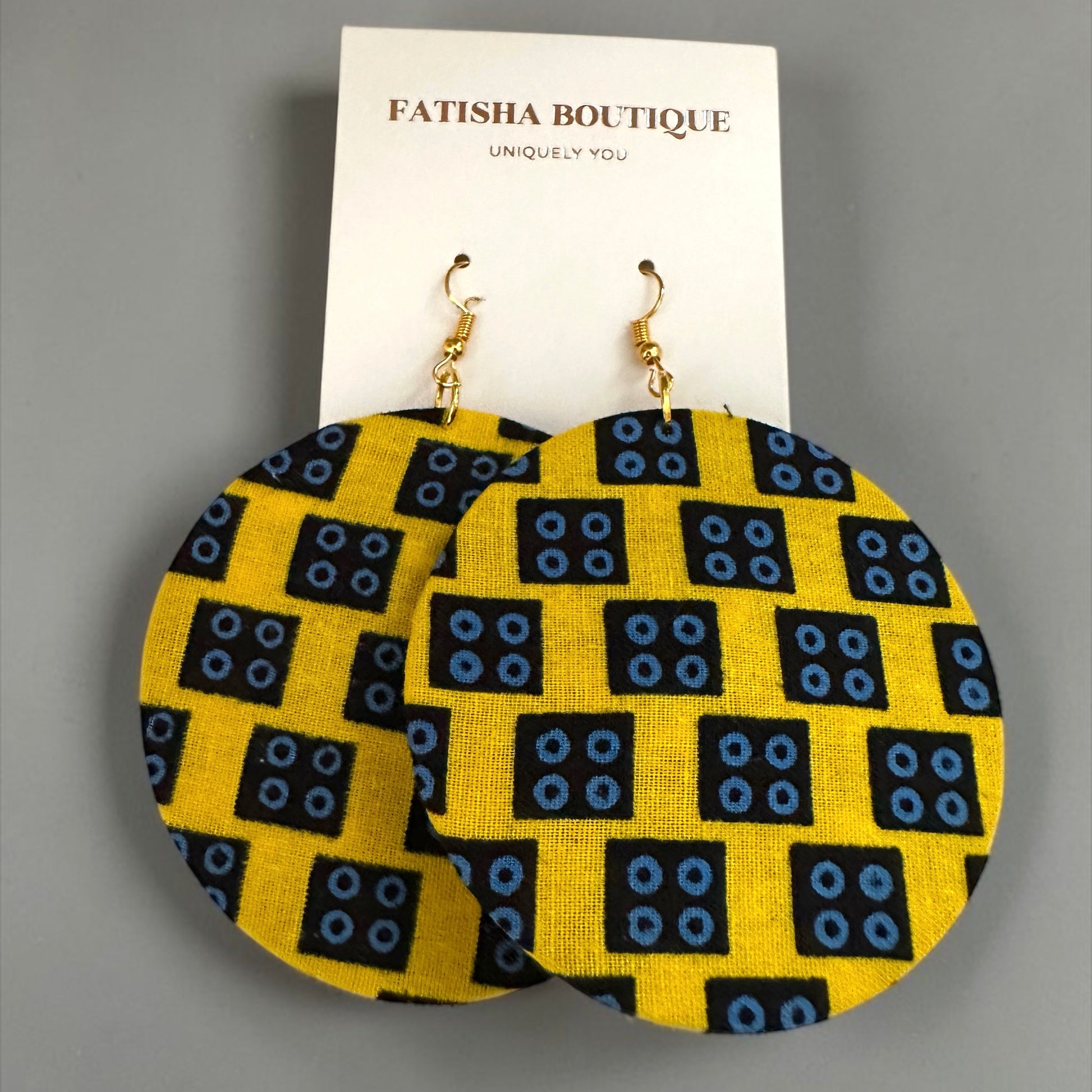 Yellow Ankara Fabric Round Disc Dangle Earrings – Handmade Afrocentric Statement