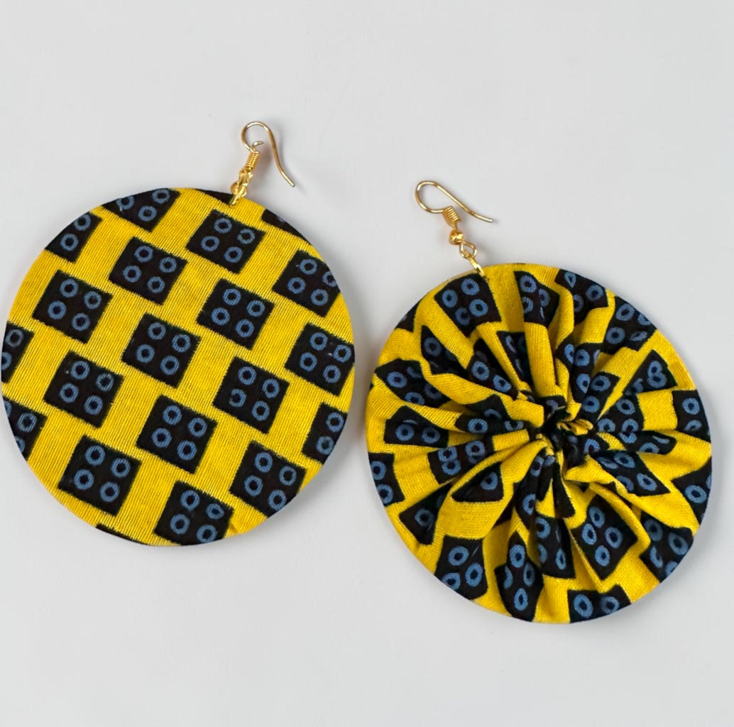 Yellow Ankara Fabric Round Disc Dangle Earrings – Handmade Afrocentric Statement