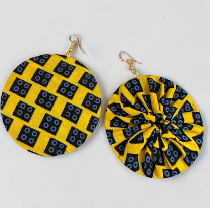 Yellow Ankara Fabric Round Disc Dangle Earrings – Handmade Afrocentric Statement