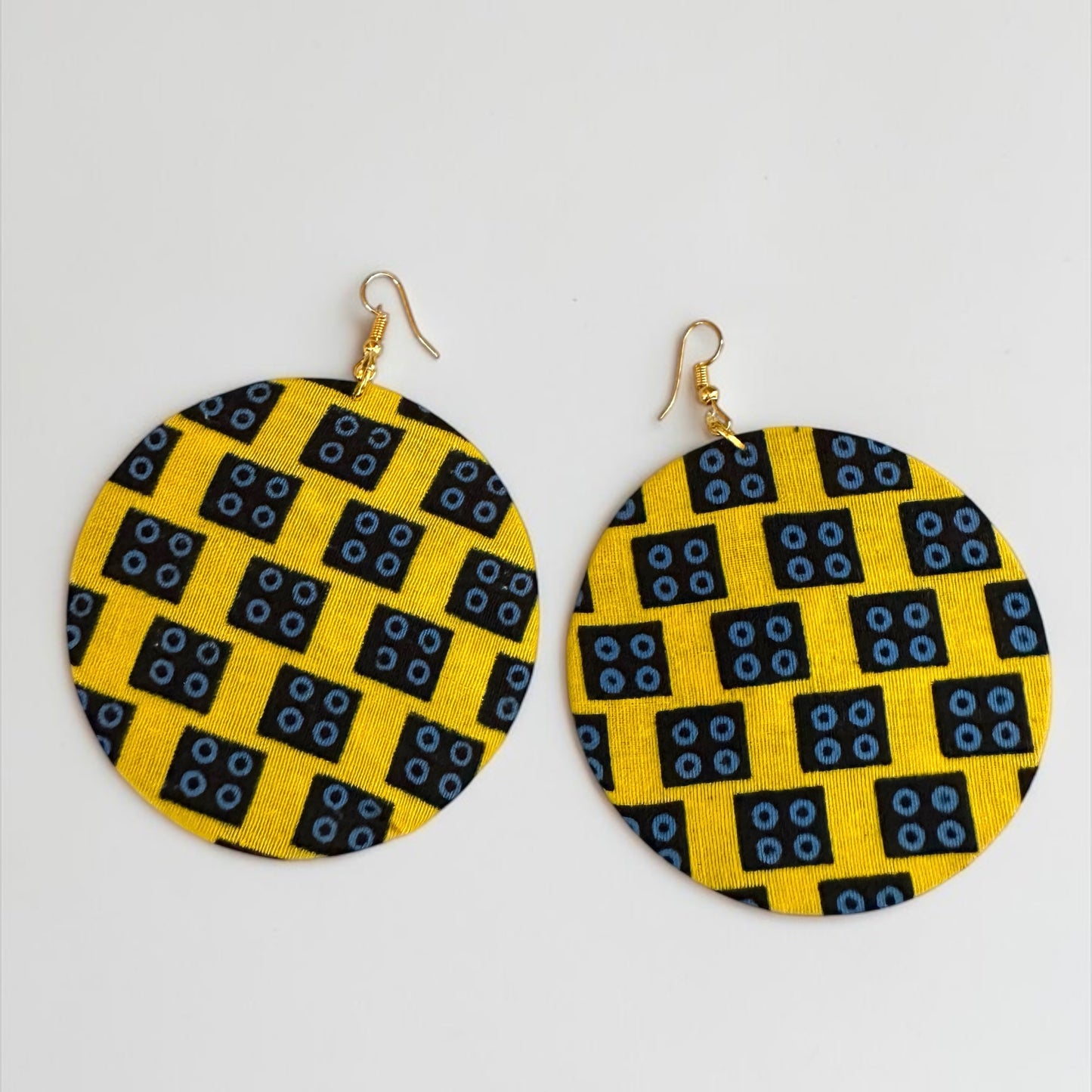 Yellow Ankara Fabric Round Disc Dangle Earrings – Handmade Afrocentric Statement Fatisha Boutique