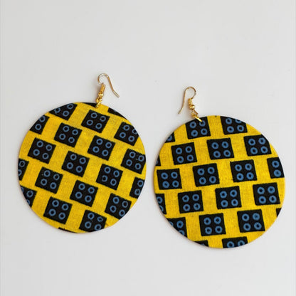 Yellow Ankara Fabric Round Disc Dangle Earrings – Handmade Afrocentric Statement