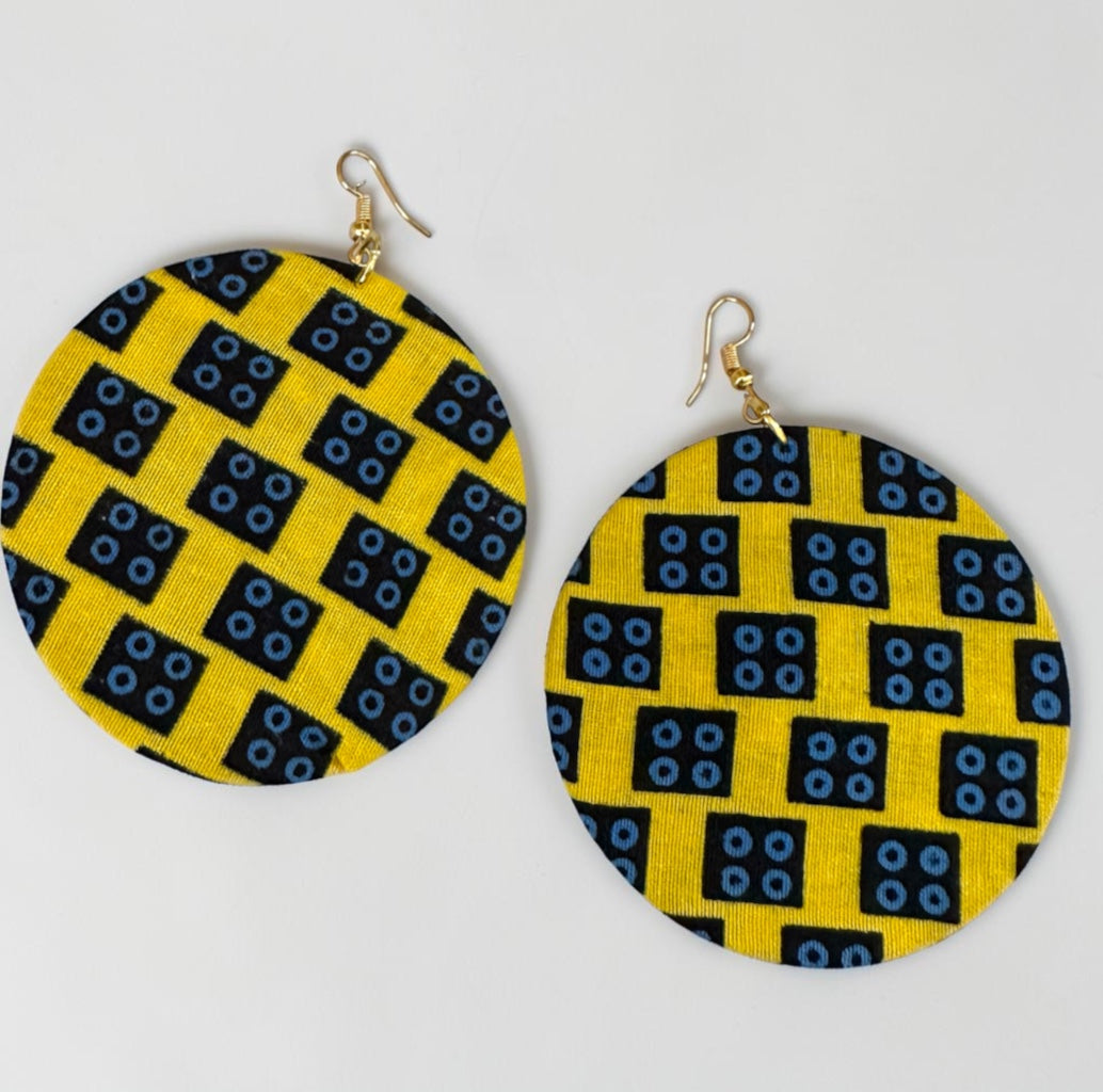 Yellow Ankara Fabric Round Disc Dangle Earrings – Handmade Afrocentric Statement Fatisha Boutique
