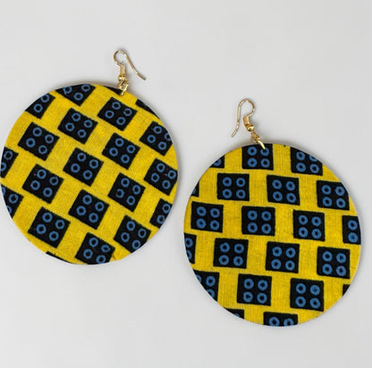 Yellow Ankara Fabric Round Disc Dangle Earrings – Handmade Afrocentric Statement